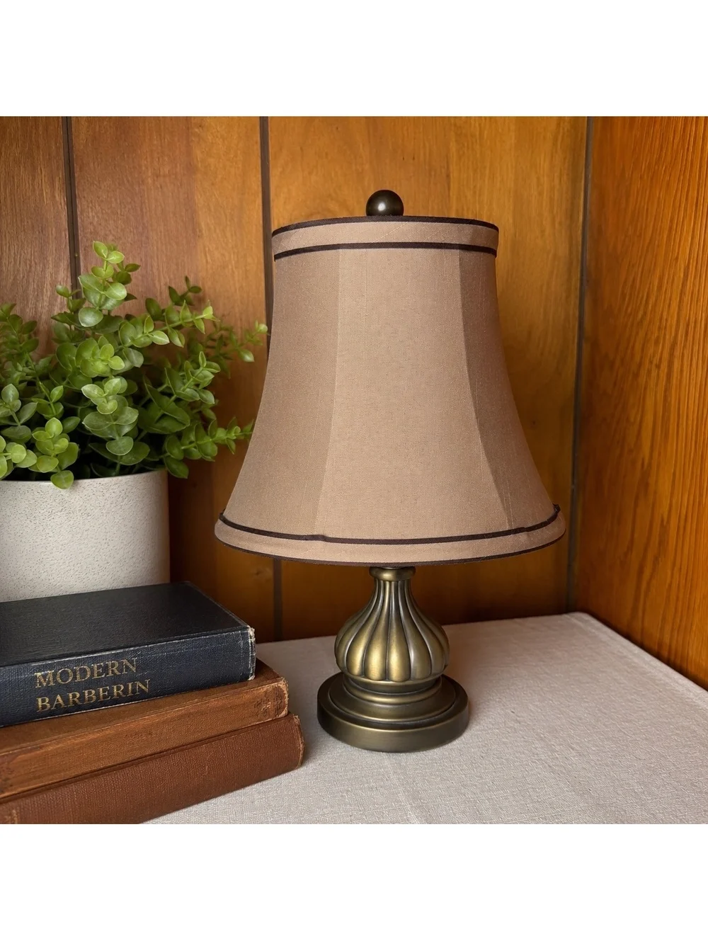 Vintage Bell Shaped Beige Fabric Lampshade Brown Trim 7 Inch Tall